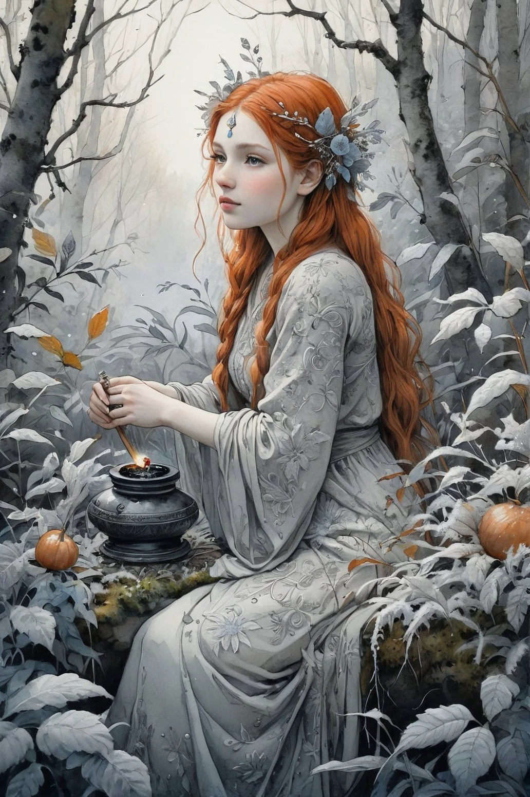 indian woman 25yo, Ginger head, a fall, A pity, A ultra HD detailed painting hoarfrost, pearl sunlight, autumn forest, and inkwell and ink quill amidst the thicket of plants, by Jean-Baptiste Monge, watercolor and ink, intricate details, fantasy, beautiful, award-winning, colorful, fantastic view, crisp quality, fantasy, flowers, memories, nature, overgrown, high quality, sharp focus, realistic photo, perfect composition, beautiful detailed intricate insanely detailed octane trending ArtStation render, 8k art photography, photorealistic concept art, soft natural 3D cinematography perfect light, sketch artstyle, graycale, monochrome,