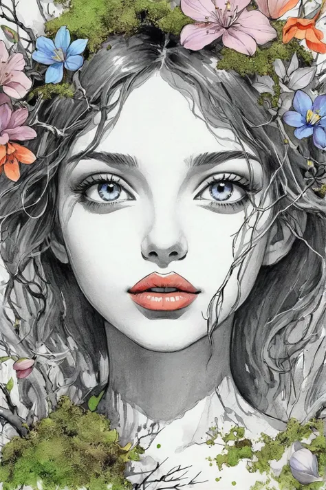 Bereginia portrait as sketch artstyle, monochrome, sketch artstyle BREAK Colored vegetation colorful flowers colorful lips colorful eyes flowers moss, tree branches, illustration, watercolor sketch, (best quality), intricate detailed,