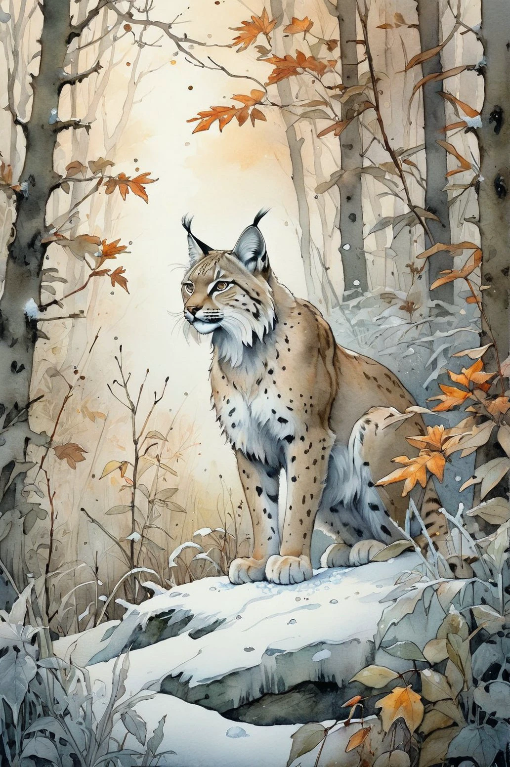 Ultra HD detailed painting of frost and snow, lynx, pearly sunlight, autumn forest, among thickets of plants, by Jean-Baptiste Monge, watercolor and ink, intricate details, fantasy, beautiful, fantasy, flowers, memories, nature, thickets, perfect composition, watercolor sketch in artistic style, large strokes, finalized with ink, fine lines