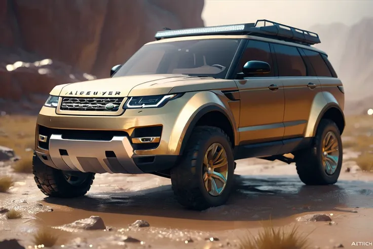 aesthetics, 1 car, 4x4 landrover, front 45 degree view, gold, from a scifi futuristic abyss altech world, dissolving, abyss, volumetric lighting,, (masterpiece), (realistic), 8k, RAW photo, very wide shot, octane render, unreal engine, volumetrics dtx, (film grain, bokeh, blurry foreground)