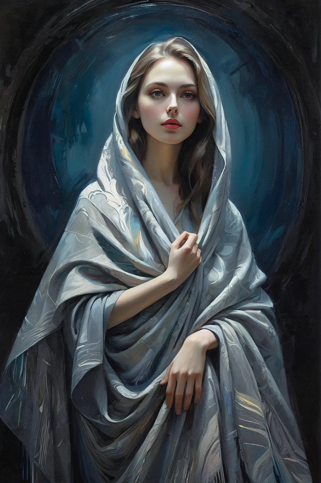 renaissance style Prepare to lose yourself in the mesmerizing world of a Slavic-style portrait, where visible brushstrokes breathe life into an evocative depiction of a young woman draped in a somber gray shawl. As she contemplates her surroundings beneath the cover of a moonlit night, the play of shadow and light creates an enchanting chiaroscuro effect reminiscent of Impressionist masters such as Van Gogh, Aric Brauer, and Georges Mathieu, infused with the whimsical surrealism of Archan Nair. Employing traditional oil painting techniques alongside cutting-edge digital airbrushing, this semi-abstract piece transcends conventional categorization, merging figurative art with exquisitely detailed abstractions. Collaged components add depth and allure, while delicate variations in tonality weave together a tapestry of intricate patterns and unusual beautiful details. Each square inch bursts forth with vibrant colors and masterful highlights, casting ethereal impressions upon the mind's eye. Illuminated by impressionistic lighting effects, these luminescent touches elevate the work to new heights of visual splendor. Witness the creation of a timeless masterpiece imbued with extraordinary finesse, crafted to inspire admiration and spark curiosity all presented in sumptuous high definition. . realistic, perspective, light and shadow, religious or mythological themes, highly detailed, sketch artstyle, graycale, monochrome,