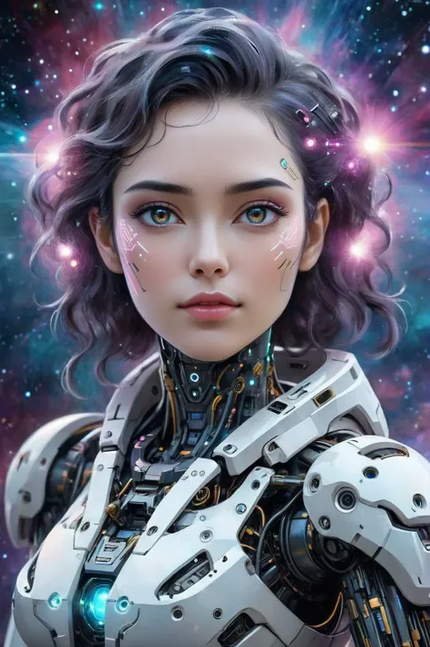 an award winning photograph of a beautiful woman, halo, intricate cyberpunk robot, highly detailed, soft bokeh Deep space nebula background, art by mooncryptowow and popular science