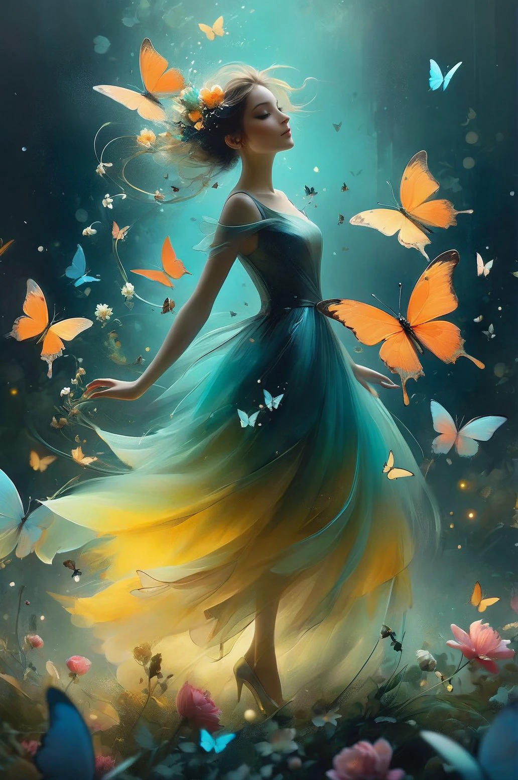 chaos, elegant, vivid colors, art by Anne Bachelier, atmospheric, a girl, elegant, butterflies, flowers blooming, in motion, dramatic, full body, organic composition, (masterpiece), (realistic), 8k, RAW photo, very wide shot, octane render, unreal engine, volumetrics dtx, (film grain, bokeh, blurry foreground)