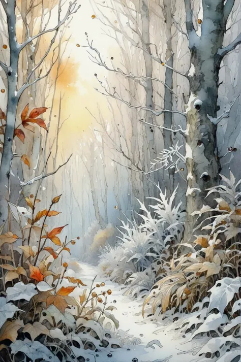 Ultra HD detailed painting of frost and snow, pearly sunlight, autumn forest, among thickets of plants, by Jean-Baptiste Monge, watercolor and ink, intricate details, fantasy, beautiful, fantasy, flowers, memories, nature, thickets, perfect composition, watercolor sketch in artistic style, large strokes, finalized with ink, fine lines