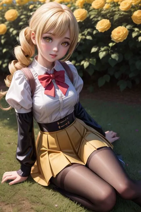 <lora:add_detail:0.5> <lora:copax_charm_eu:0.0> (1girl,3d, photorealistic,masterpiece, best quality, intricate, skin indentation), face excited, upper body view, seductive pose, in a flowers field,roses,  <lora:hairdetailer:0.5>
mami tomoe, blonde hair, drill hair, twin drills, (yellow eyes:1.3),black pantyhose, black skirt, bowtie, juliet sleeves, long sleeves, mary janes, mitakihara school uniform, pantyhose, pleated skirt, puffy sleeves, red bow, school uniform, shadow, shoes, skirt, white footwear
 <lora:mamitest:1>