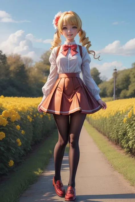 <lora:add_detail:0.5> <lora:copax_charm_eu:0.0> (1girl,3d, photorealistic,masterpiece, best quality, intricate, skin indentation), face smiling, full body view, seductive pose, in a flowers field,roses, <lora:hairdetailer:0.5>
mami tomoe, blonde hair, drill hair, twin drills, (yellow eyes:1.3),black pantyhose, black skirt, bowtie, juliet sleeves, long sleeves, mary janes, mitakihara school uniform, pantyhose, pleated skirt, puffy sleeves, red bow, school uniform, shadow, shoes, skirt, white footwear
<lora:mamitest:1>