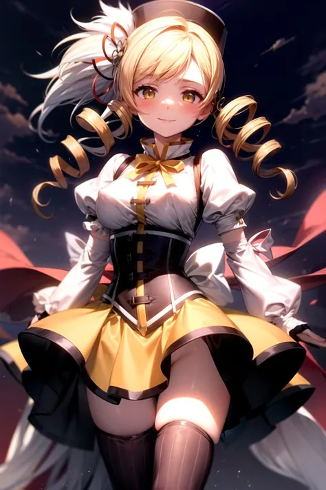 masterpiece, best quality, 1girl, (mami tomoe), blonde hair, drill hair, twin drills, (yellow eyes:1.2), brown gloves, corset, detached sleeves, fingerless gloves, smile, hat, magical girl, puffy sleeves, striped thighhighs, yellow skirt, covered nipples, breasts, npclearly, obviously no panties, hidden privates, partially visible crotch, sky, evening, sunset, <lora:mamitest:1.0>  <lora:npm-v11t-000005:1.0> <lora:add_detail:0.75>