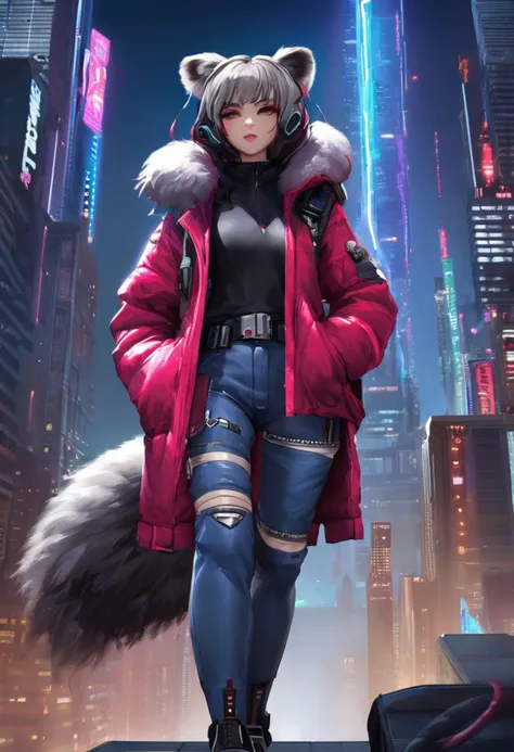 1girl, (detailed fluffy fur), body fur, solo, raccoon ears, 
raccoon tail, two-tone hair, (high quality), high res, detailed eyes, detailed shadows, full body, red jacket, Nova, StarCraft, (reimagined in a cyberpunk universe), (cyberpunk style), (cyberpunk), (cyberpunk outfit), augmentation, cybernetics, solo, full height, (cyberpunk outfit), high-res, (digital painting), (8k), (tail:1.1), city buildings, skyline, (hand in pocket:1.1), jeans, (neon lights:1.1), night, crowded, on the roof of a skyscraper