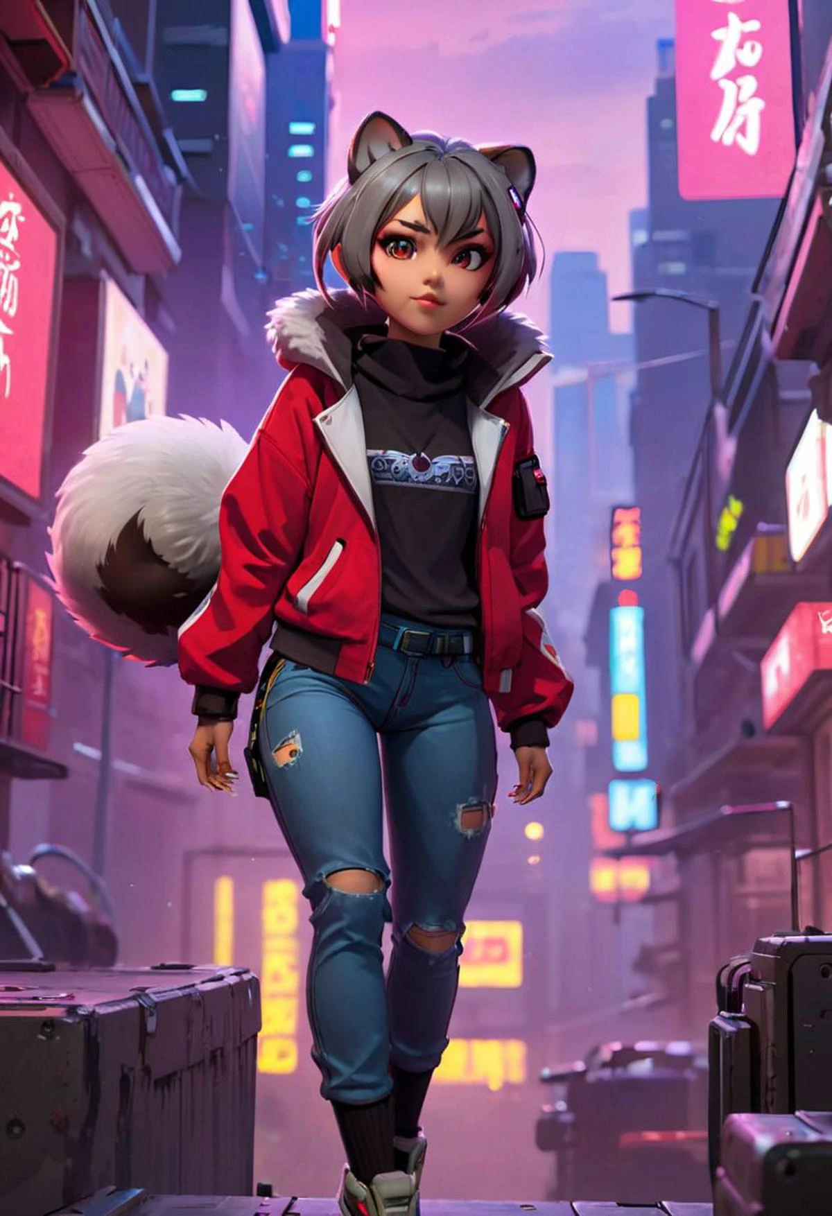 1girl, (detailed fluffy fur), body fur, solo, raccoon ears, 
raccoon tail, two-tone hair, (high quality), high res, detailed eyes, detailed shadows, full body, full height, in a jump, red jacket, Nova, StarCraft, (reimagined in a cyberpunk universe), (cyberpunk style), (cyberpunk), (cyberpunk outfit), augmentation, cybernetics, solo, (cyberpunk outfit), high-res, (digital painting), (8k), (tail:1.1), city buildings, skyline, (hand in pocket:1.1), jeans, (neon lights:1.1), night, crowded, on the roof of a skyscraper