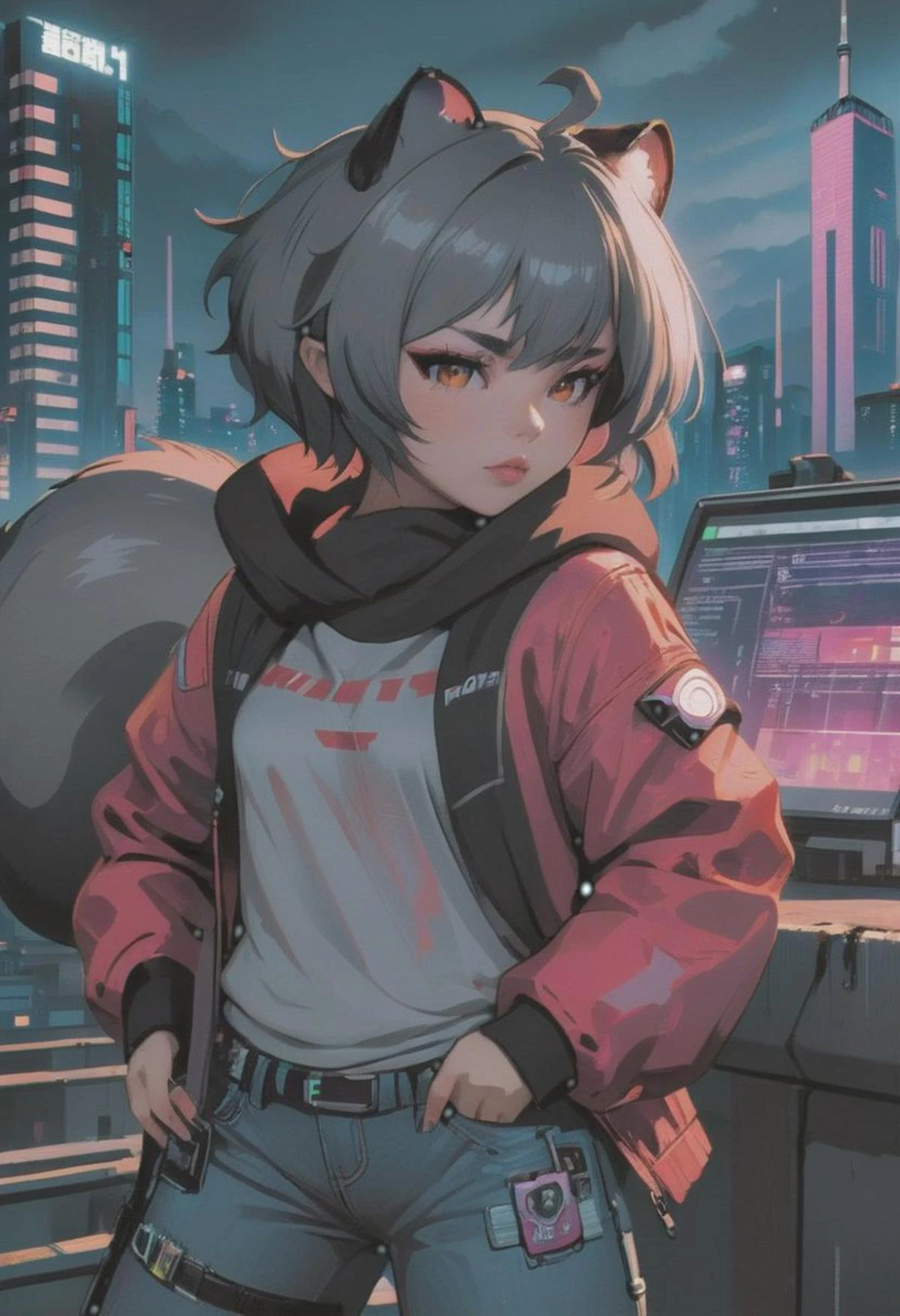 1girl, (detailed fluffy fur), body fur, solo, raccoon ears, 
raccoon tail, two-tone hair, (high quality), high res, detailed eyes, detailed shadows, full body, full height, in a jump, red jacket, Nova, StarCraft, (reimagined in a cyberpunk universe), (cyberpunk style), (cyberpunk), (cyberpunk outfit), augmentation, cybernetics, solo, (cyberpunk outfit), high-res, (digital painting), (8k), (tail:1.1), city buildings, skyline, (hand in pocket:1.1), jeans, (neon lights:1.1), night, crowded, on the roof of a skyscraper