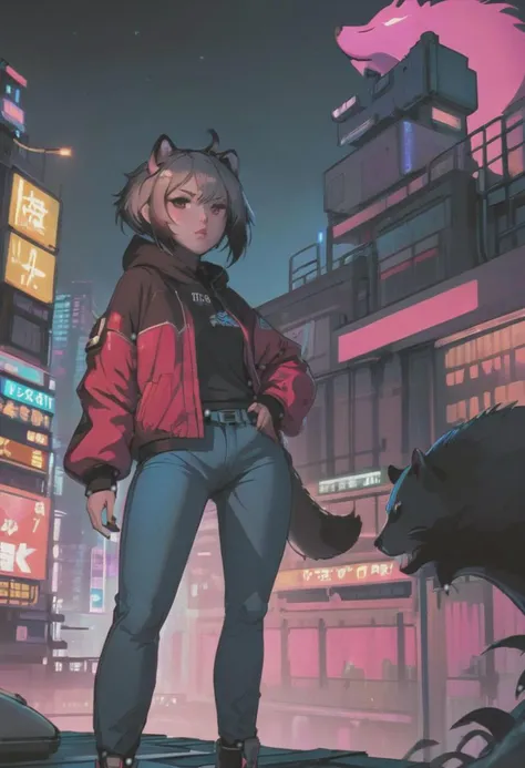 1girl, (detailed fluffy fur), body fur, solo, raccoon ears, 
raccoon tail, two-tone hair, (high quality), high res, detailed eyes, detailed shadows, full body, full height, in a jump, red jacket, Nova, StarCraft, (reimagined in a cyberpunk universe), (cyberpunk style), (cyberpunk), (cyberpunk outfit), augmentation, cybernetics, solo, (cyberpunk outfit), high-res, (digital painting), (8k), (tail:1.1), city buildings, skyline, (hand in pocket:1.1), jeans, (neon lights:1.1), night, crowded, on the roof of a skyscraper