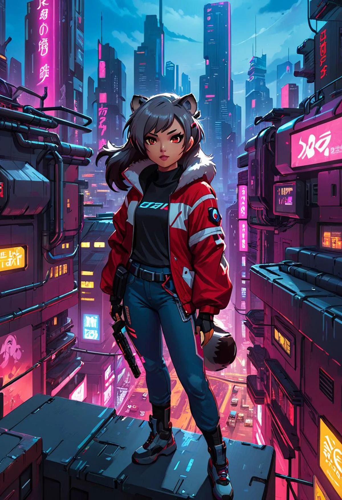 1girl, (detailed fluffy fur), body fur, solo, raccoon ears, 
raccoon tail, two-tone hair, (high quality), high res, detailed eyes, detailed shadows, full body, full height, in a jump, red jacket, Nova, StarCraft, (reimagined in a cyberpunk universe), (cyberpunk style), (cyberpunk), (cyberpunk outfit), augmentation, cybernetics, solo, (cyberpunk outfit), high-res, (digital painting), (8k), (tail:1.1), city buildings, skyline, (hand in pocket:1.1), jeans, (neon lights:1.1), night, crowded, on the roof of a skyscraper
