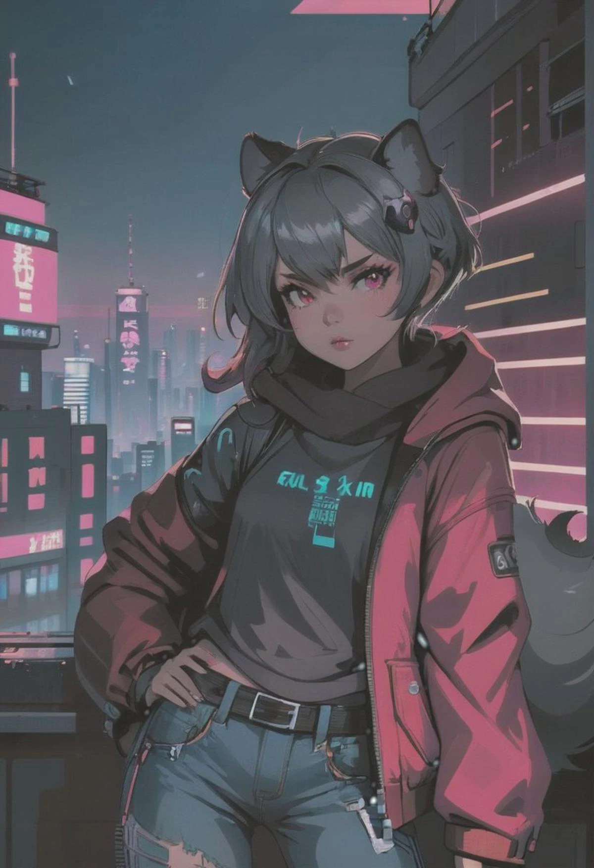 1girl, (detailed fluffy fur), body fur, solo, raccoon ears, 
raccoon tail, two-tone hair, (high quality), high res, detailed eyes, detailed shadows, full body, full height, in a jump, red jacket, Nova, StarCraft, (reimagined in a cyberpunk universe), (cyberpunk style), (cyberpunk), (cyberpunk outfit), augmentation, cybernetics, solo, (cyberpunk outfit), high-res, (digital painting), (8k), (tail:1.1), city buildings, skyline, (hand in pocket:1.1), jeans, (neon lights:1.1), night, crowded, on the roof of a skyscraper