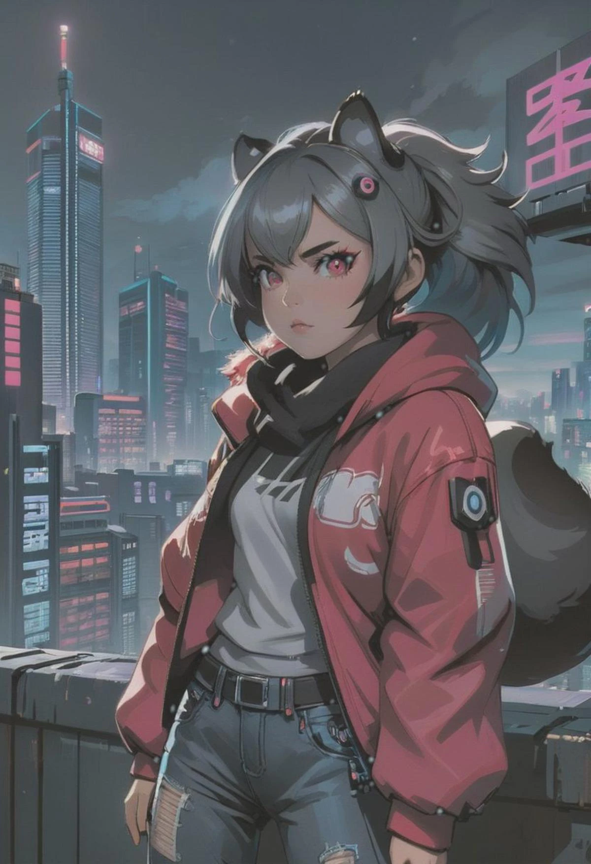 1girl, (detailed fluffy fur), body fur, solo, raccoon ears, 
raccoon tail, two-tone hair, (high quality), high res, detailed eyes, detailed shadows, full body, full height, in a jump, red jacket, Nova, StarCraft, (reimagined in a cyberpunk universe), (cyberpunk style), (cyberpunk), (cyberpunk outfit), augmentation, cybernetics, solo, (cyberpunk outfit), high-res, (digital painting), (8k), (tail:1.1), city buildings, skyline, (hand in pocket:1.1), jeans, (neon lights:1.1), night, crowded, on the roof of a skyscraper