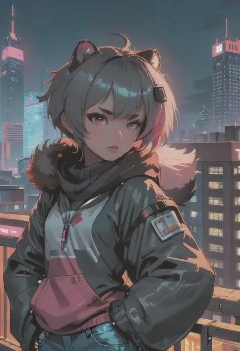 1girl, (detailed fluffy fur), body fur, solo, raccoon ears, 
raccoon tail, two-tone hair, (high quality), high res, detailed eyes, detailed shadows, full body, red jacket, Nova, StarCraft, (reimagined in a cyberpunk universe), (cyberpunk style), (cyberpunk), (cyberpunk outfit), augmentation, cybernetics, solo, (cyberpunk outfit), high-res, (digital painting), (8k), (tail:1.1), city buildings, skyline, (hand in pocket:1.1), jeans, (neon lights:1.1), night, crowded, on the roof of a skyscraper