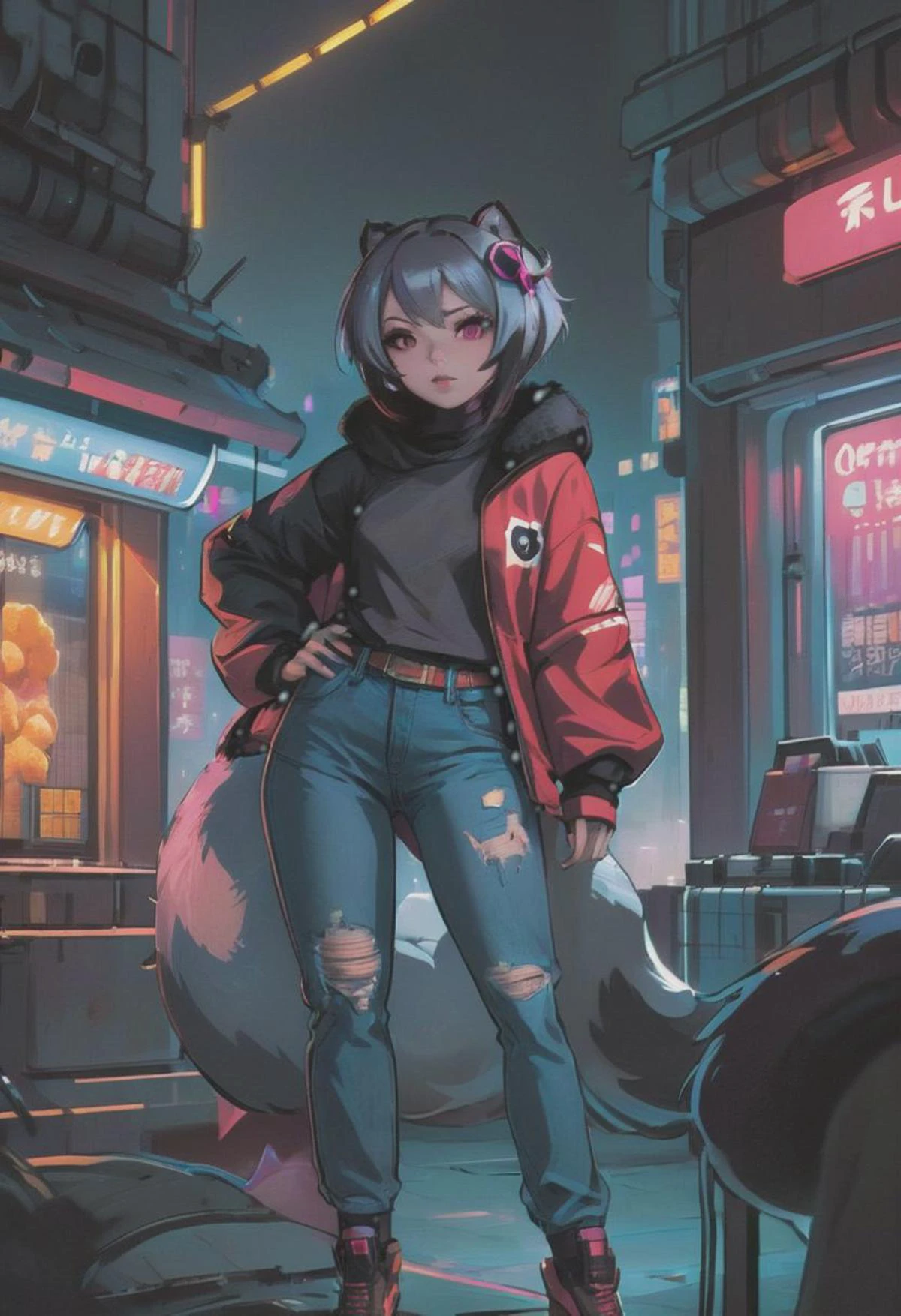 1girl, (detailed fluffy fur), body fur, solo, raccoon ears,
raccoon tail, two-tone hair, (high quality), high res, detailed eyes, detailed shadows, full body, full height, in a jump, red jacket, Nova, StarCraft, (reimagined in a cyberpunk universe), (cyberpunk style), (cyberpunk), (cyberpunk outfit), augmentation, cybernetics, solo, (cyberpunk outfit), high-res, (digital painting), (8k), (tail:1.1), city buildings, skyline, (hand in pocket:1.1), jeans, (neon lights:1.1), night, crowded, on the roof of a skyscraper