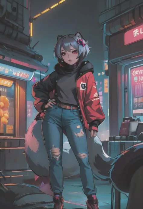 1girl, (detailed fluffy fur), body fur, solo, raccoon ears, 
raccoon tail, two-tone hair, (high quality), high res, detailed eyes, detailed shadows, full body, full height, in a jump, red jacket, Nova, StarCraft, (reimagined in a cyberpunk universe), (cyberpunk style), (cyberpunk), (cyberpunk outfit), augmentation, cybernetics, solo, (cyberpunk outfit), high-res, (digital painting), (8k), (tail:1.1), city buildings, skyline, (hand in pocket:1.1), jeans, (neon lights:1.1), night, crowded, on the roof of a skyscraper