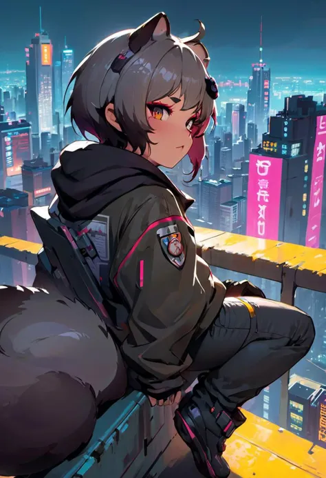 1girl, (detailed fluffy fur), body fur, solo, raccoon ears, 
raccoon tail, two-tone hair, (high quality), high res, detailed eyes, detailed shadows, full body, red jacket, Nova, StarCraft, (reimagined in a cyberpunk universe), (cyberpunk style), (cyberpunk), (cyberpunk outfit), augmentation, cybernetics, solo, sitting on the edge, (cyberpunk outfit), high-res, (digital painting), (8k), (tail:1.1), city buildings, skyline, (hand in pocket:1.1), jeans, (neon lights:1.1), night, crowded, on the roof of a skyscraper