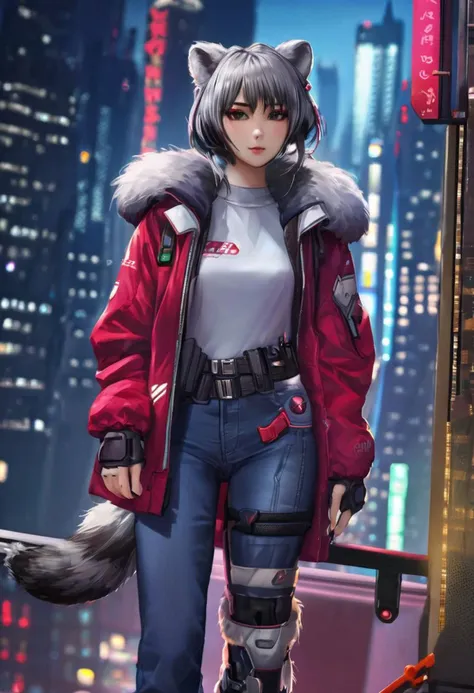 1girl, (detailed fluffy fur), body fur, solo, raccoon ears, 
raccoon tail, two-tone hair, (high quality), high res, detailed eyes, detailed shadows, full body, red jacket, Nova, StarCraft, (reimagined in a cyberpunk universe), (cyberpunk style), (cyberpunk), (cyberpunk outfit), augmentation, cybernetics, solo, full height, (cyberpunk outfit), high-res, (digital painting), (8k), (tail:1.1), city buildings, skyline, (hand in pocket:1.1), jeans, (neon lights:1.1), night, crowded, on the roof of a skyscraper