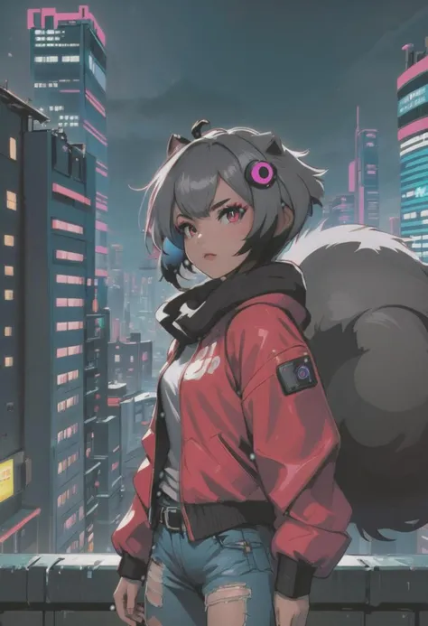 1girl, (detailed fluffy fur), body fur, solo, raccoon ears, 
raccoon tail, two-tone hair, (high quality), high res, detailed eyes, detailed shadows, full body, full height, in a jump, red jacket, Nova, StarCraft, (reimagined in a cyberpunk universe), (cyberpunk style), (cyberpunk), (cyberpunk outfit), augmentation, cybernetics, solo, (cyberpunk outfit), high-res, (digital painting), (8k), (tail:1.1), city buildings, skyline, (hand in pocket:1.1), jeans, (neon lights:1.1), night, crowded, on the roof of a skyscraper