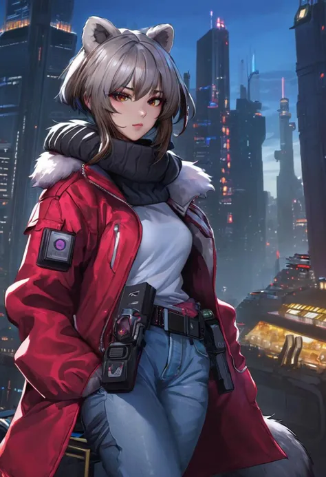 score_9, score_8_up, score_7_up, 1girl, (detailed fluffy fur), body fur, solo, raccoon ears, 
raccoon tail, two-tone hair, (high quality), high res, detailed eyes, detailed shadows, full body, red jacket, Nova, StarCraft, (reimagined in a cyberpunk universe), (cyberpunk style), (cyberpunk), (cyberpunk outfit), augmentation, cybernetics, solo, full height, (cyberpunk outfit), high-res, (digital painting), (8k), (tail:1.1), city buildings, skyline, (hand in pocket:1.1), jeans, (neon lights:1.1), night, crowded, on the roof of a skyscraper