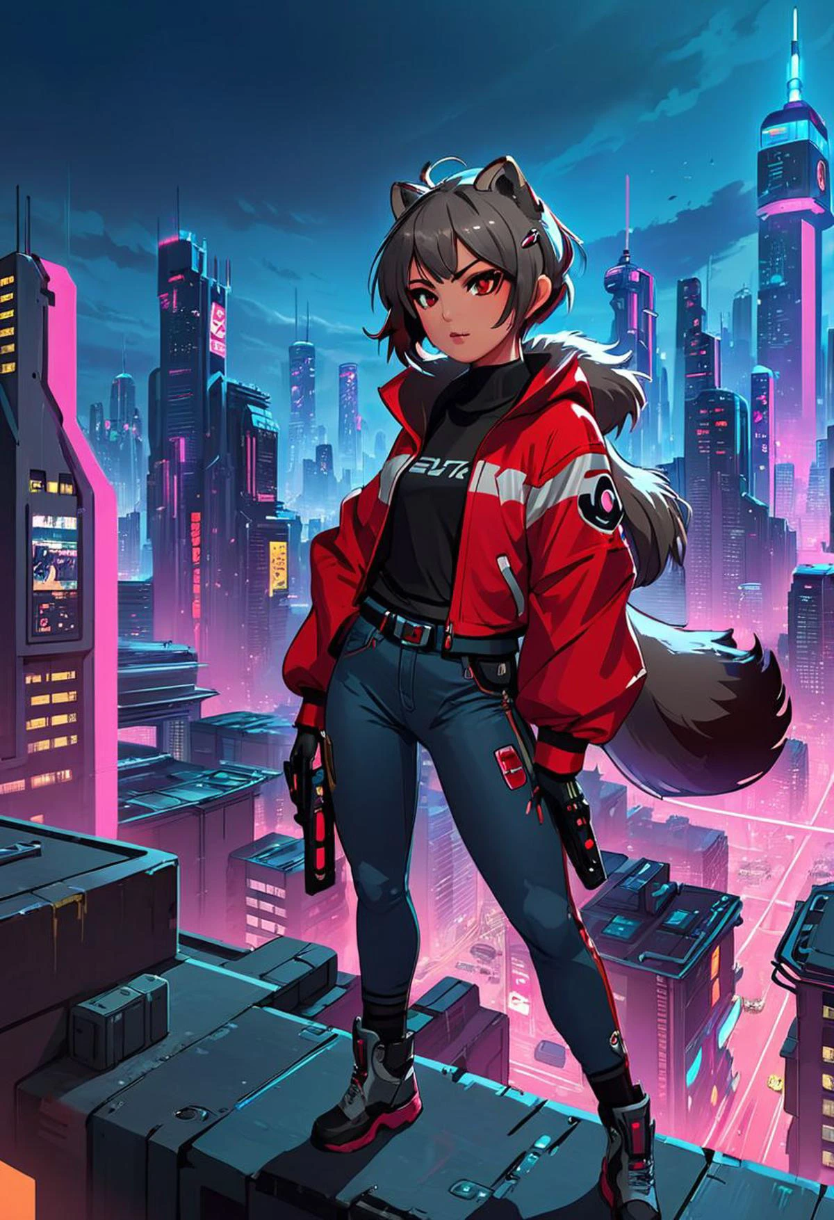 1girl, (detailed fluffy fur), body fur, solo, raccoon ears, 
raccoon tail, two-tone hair, (high quality), high res, detailed eyes, detailed shadows, full body, full height, in a jump, red jacket, Nova, StarCraft, (reimagined in a cyberpunk universe), (cyberpunk style), (cyberpunk), (cyberpunk outfit), augmentation, cybernetics, solo, (cyberpunk outfit), high-res, (digital painting), (8k), (tail:1.1), city buildings, skyline, (hand in pocket:1.1), jeans, (neon lights:1.1), night, crowded, on the roof of a skyscraper