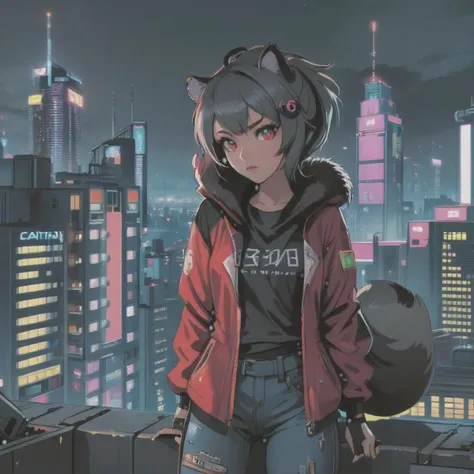 1girl, (detailed fluffy fur), body fur, solo, raccoon ears, 
raccoon tail, two-tone hair, (high quality), high res, detailed eyes, detailed shadows, full body, full height, in a jump, red jacket, Nova, StarCraft, (reimagined in a cyberpunk universe), (cyberpunk style), (cyberpunk), (cyberpunk outfit), augmentation, cybernetics, solo, (cyberpunk outfit), high-res, (digital painting), (8k), (tail:1.1), city buildings, skyline, (hand in pocket:1.1), jeans, (neon lights:1.1), night, crowded, on the roof of a skyscraper