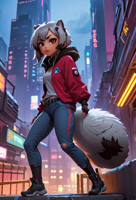 1girl, (detailed fluffy fur), body fur, solo, raccoon ears, 
raccoon tail, two-tone hair, (high quality), high res, detailed eyes, detailed shadows, full body, full height, in a jump, red jacket, Nova, StarCraft, (reimagined in a cyberpunk universe), (cyberpunk style), (cyberpunk), (cyberpunk outfit), augmentation, cybernetics, solo, (cyberpunk outfit), high-res, (digital painting), (8k), (tail:1.1), city buildings, skyline, (hand in pocket:1.1), jeans, (neon lights:1.1), night, crowded, on the roof of a skyscraper