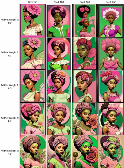 a woman with a flower in her hair and a green and white dress with a pink background and a pink frame, Chinwe Chukwuogo-Roy, comic cover art, a poster, afrofuturism