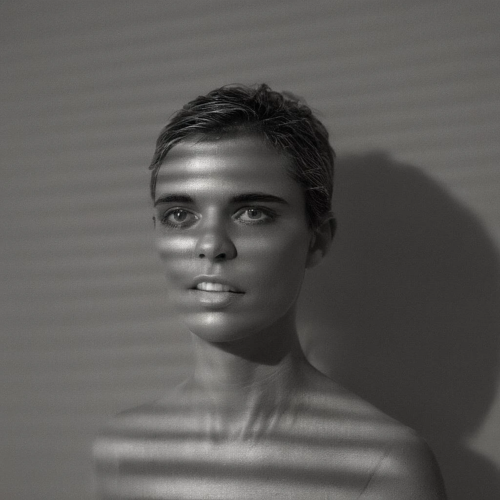 <lora:perfection style:0.9> wrinkles:1 perfection style
<lora:vantablack style:0.9> vantablack style
<lora:casting shadow style v2:1>
A cucoloris patterned illumination casting a horizontal strip shadow on a milf woman with a horizontal shadow on her face,1girl,solo,looking at viewer,short hair,simple background,monochrome,upper body,greyscale,grey background,mole,hair over one eye,messy hair,portrait,cinematic,film,filmic,casting shadow,venetian blinds casting shadow light,shadow on face,face partially covered in shadow,different shadow,window casting shadow light,cinematography,detailed,detailed background,detailed face,high quality,8k,cuculoris,kookaloris,cookaloris or cucalorus,light modifier,different light pattern,creative light,unique shadow , casting shadow style