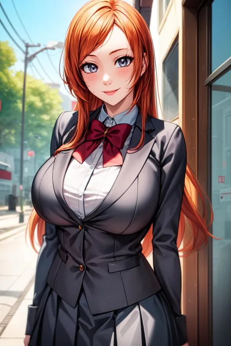 best quality, masterpiece, 1girl, raytracing, ultra detailed,detailed face, 8k wallpaper,  wide hips, <lora:more_details:0.5>,  smile, InoueOrihime_NDV, 1girl, orange hair, large breasts, long hair, grey eyes, (school uniform:1.2), grey skirt, grey jacket,shirt outdoor,  <lora:InoueOrihime_NDV:0.7>