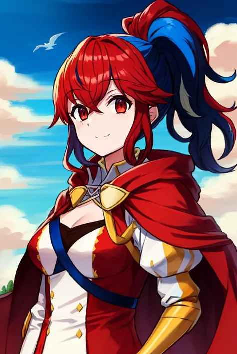 absurdres,((best quality,ultra-detailed,illustration,highly detailed,masterpiece))<lora:femaleAlearFireEmblem_v10:0.4> <lora:annaFireEmblem_v10:0.8>,anna_fire_emblem, (((two-tone hair))), blue hair, red hair,blue hair|red hair,1girl,red cape,upper body,