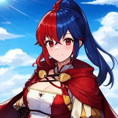 absurdres,((best quality,ultra-detailed,illustration,highly detailed,masterpiece))<lora:femaleAlearFireEmblem_v10:0.4> <lora:annaFireEmblem_v10:0.8>,anna_fire_emblem, (((two-tone hair))), blue hair, red hair,blue hair|red hair,1girl,red cape