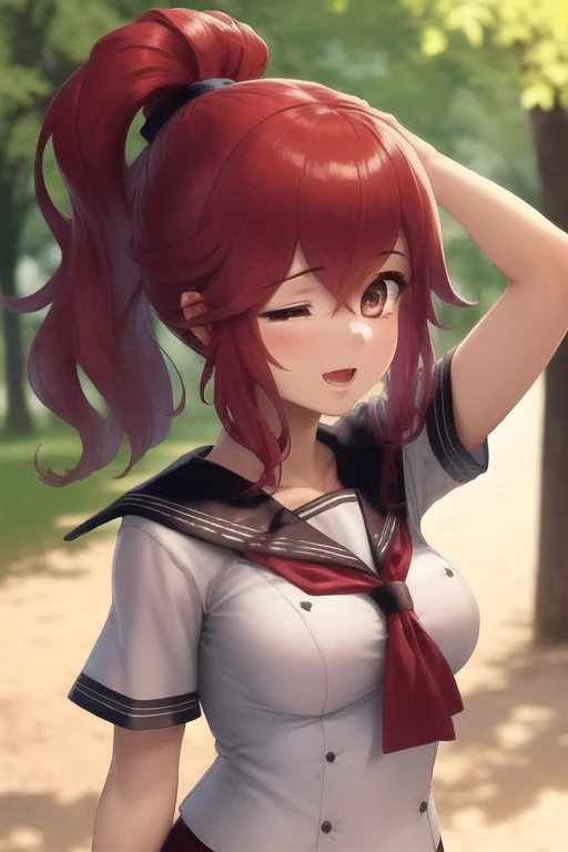medium breasts, (detailed hair), (masterpiece), (best quality), (ultra-detailed), (upper body), 1girl, sharp focus, background: park, detailed face, (intricate details), (depth of field), daytime, <lora:Anna_Fire_Emblem:0.7>, Anna_Fire_Emblem, full body, ponytail, sailor uniform, arms up, yawning, one eye closed