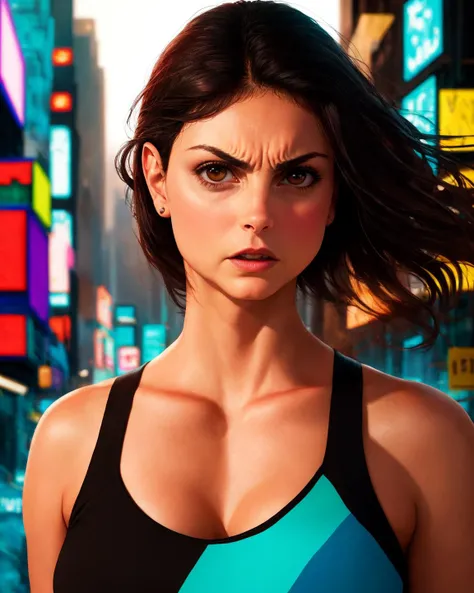 Morena Baccarin, realistic photography, medium_shot photo of 1girl, 20Yo,angry, front_view,model_photo_shoot, cleavage, big breast,thin waist, cyan, magenta, cyberpunk city background, <lyco:Morena Baccarin:1.1>