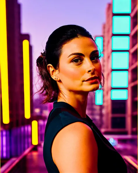 Morena Baccarin, realistic photography,style of futuristic, medium_shot photo of 1girl, 20Yo, side_view,model_photo_shoot, cleavage, big breast,thin waist, cyan, magenta,  cyberpunk city background,  <lyco:Morena Baccarin:1.1>