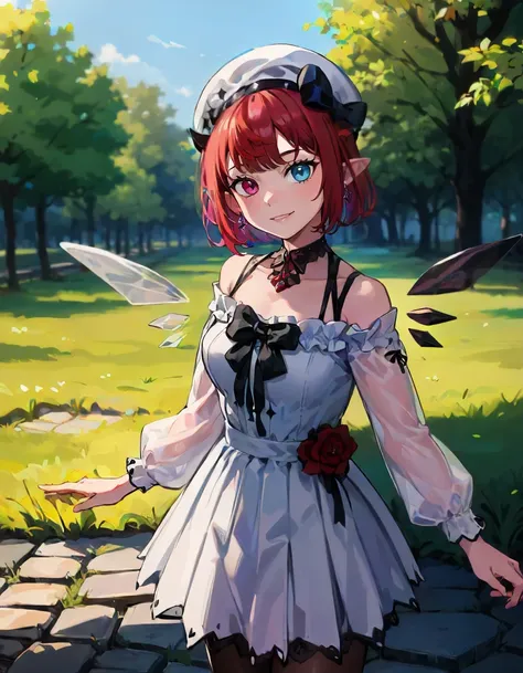 1girl, solo, cowboy shot, park, tree, grass, greenery, (cobblestone:1.2), irys \(hololive\), short hair, heterochromia, horns, white dress, white beret, black bow, frills, choker, smile, demon wings <lora:KitsuneAi-Irys-LoCon32-V2:0.9>