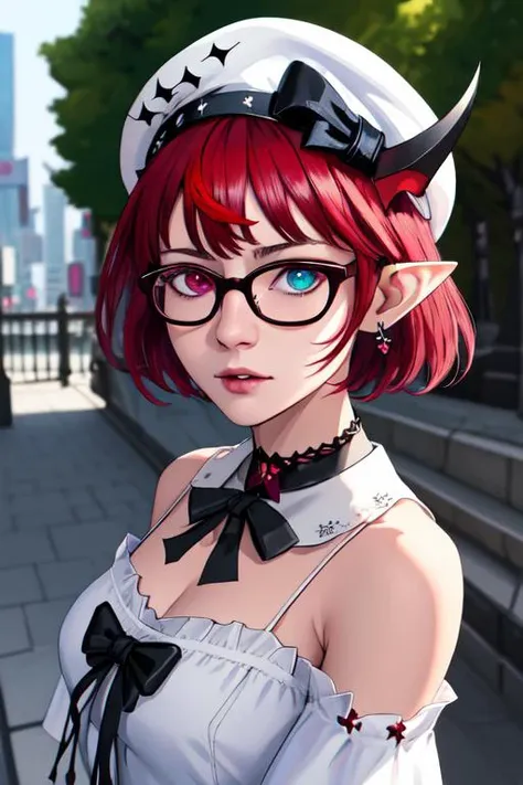 (masterpiece, best quality), intricate details, portrait photo, 
irys \(hololive\), short hair, heterochromia, pointy ears, horns, white dress, white beret, choker, glasses
upper body, detailed face and eyes, tokyo tower,
 <lora:KitsuneAi-Irys-LoCon32-V2:0.9>