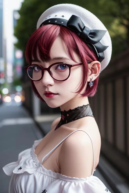 (masterpiece, best quality), intricate details, portrait photo, beautiful, realistic,
irys \(hololive\), short hair, heterochromia, pointy ears, horns, white dress, white beret, choker, glasses
upper body, detailed face and eyes, tokyo tower,
 <lora:KitsuneAi-Irys-LoCon32-V2:0.9>