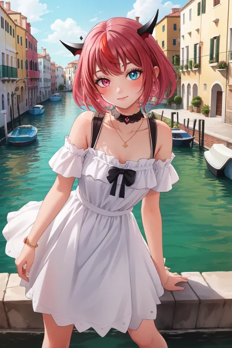 (masterpiece, best quality),  intricate details,
1girl,   
 <lora:KitsuneAi-Irys-LoCon32-V2:0.8>irys, red|pink hair, irys \(hololive\), short hair, heterochromia, horns, white dress, black bow, frills, choker
outdoors, venice, canals, canal, water,