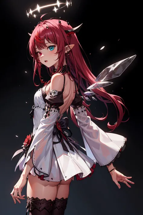irys \(hololive\), long hair, heterochromia, pointy ears, horns, detached sleeves, wings, halo, purple thighhighs, white dress <lora:KitsuneAi-Irys-LoCon32-V2:0.8>