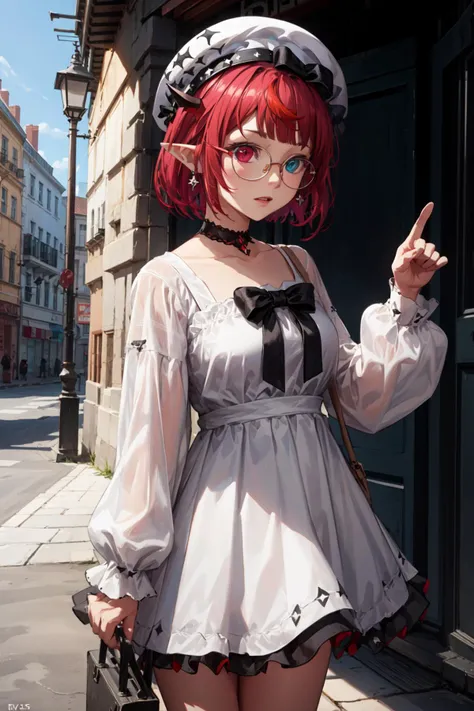 irys \(hololive\), short hair, heterochromia, pointy ears, horns, white dress, black bow, frills, white beret, choker <lora:KitsuneAi-Irys-LoCon32-V2:0.9>, glasses, cowboy shot