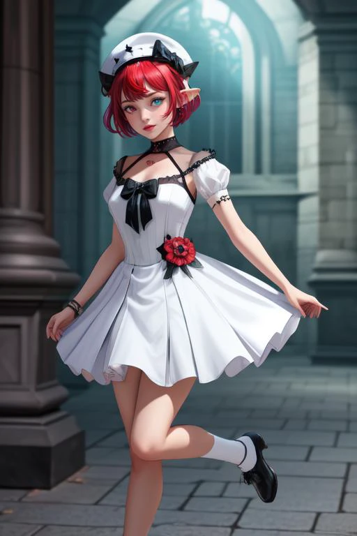 masterpiece, best quality, irys \(hololive\), short hair, heterochromia, pointy ears, horns, white dress, black bow, white beret, choker <lora:KitsuneAi-Irys-LoCon32-V2:0.9>, full body