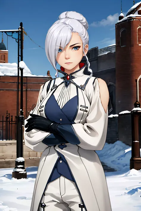 (masterpiece, best quality:1.2), <lyco:rwby_winterschnee-11:1.0>, cowboy shot, solo, 1girl, rwbywinter, expressionless, closed mouth, looking at viewer, crossed arms, hair over one eye, single hair bun, coat, coattails, pants, gloves