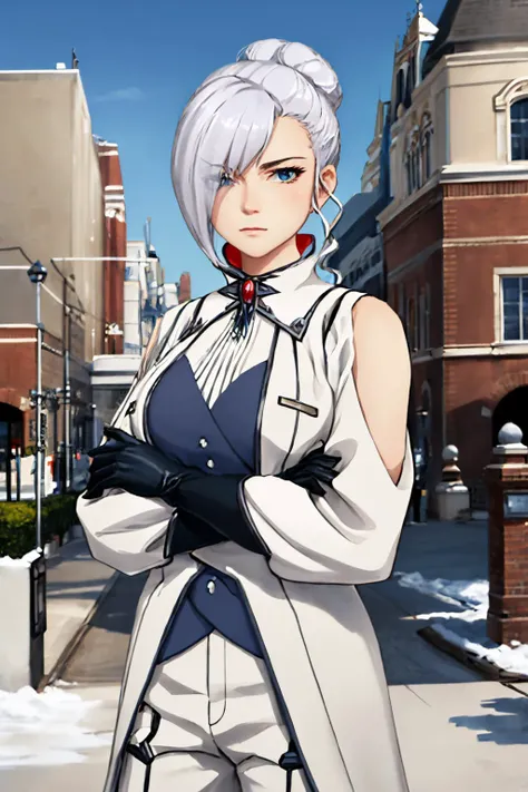 (masterpiece, best quality:1.2), <lyco:rwby_winterschnee-11:1.0>, cowboy shot, solo, 1girl, rwbywinter, expressionless, closed mouth, looking at viewer, crossed arms, hair over one eye, single hair bun, coat, coattails, pants, gloves