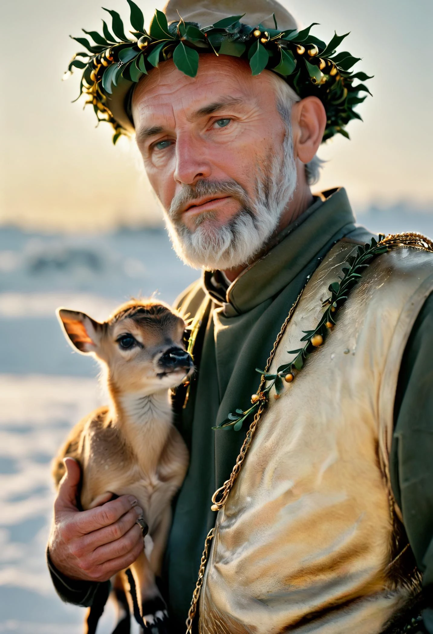RAW Photograph, closeup of an old friendly mercenary, he has grown tired of battle, yet he is the eternal defender of Christmas, ((he holds a young fawn):1.2), arctic vibes, subtle golden yellow camouflage uniform, rich colors, minimal subtle mistletoe wreath, serene peaceful imagery, humane emotive photography, 35mm photograph, kodachrome, mstltmrc, DonMFr0stP4nkXL, stvmccrr style, gldnglry