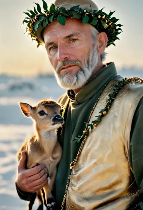 RAW Photograph, closeup of an old friendly mercenary, he has grown tired of battle, yet he is the eternal defender of Christmas, ((he holds a young fawn):1.2), arctic vibes, subtle golden yellow camouflage uniform, rich colors, minimal subtle mistletoe wreath, serene peaceful imagery, humane emotive photography, 35mm photograph, kodachrome, mstltmrc, DonMFr0stP4nkXL, stvmccrr style, gldnglry