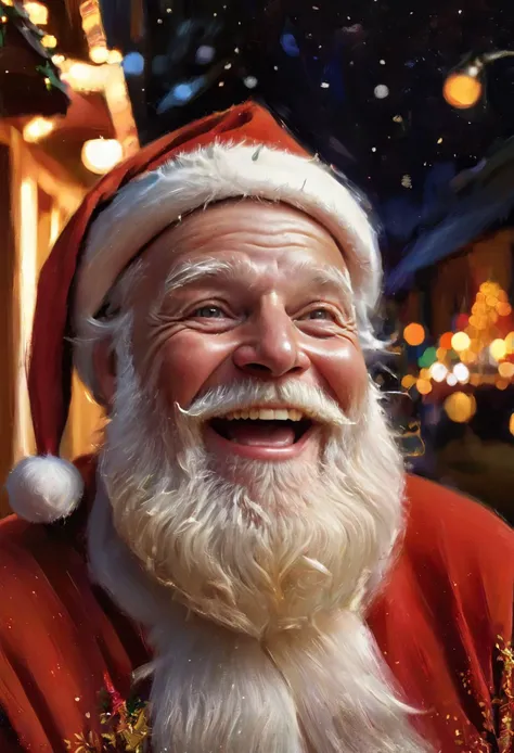 (impressionistic realism by csybgh), Santa Claus, laughing, expression of pure delightful joy, compassion radiates from his eyes, chubby cheeks with a healthy red glow, magical season, Christmas time, masterpiece, 8k, ultra detailed, 50s style artwork, gldnglry