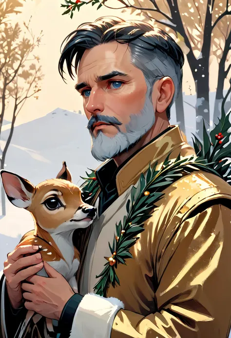 Illustration, closeup of an old friendly mercenary, he has grown tired of battle, yet he is the eternal defender of Christmas, ((he holds a young fawn):1.2), arctic vibes, subtle golden yellow camouflage uniform, rich colors, minimal subtle mistletoe wreath, peaceful serene imagery, masterpiece, mstltmrc, DonMFr0stP4nkXL, stvmccrr style, gldnglry, impasto painting, ((art by Phil Noto AND WLOP))