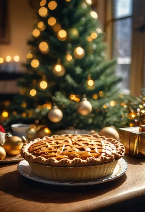 RAW Photograph, a lovely Christmas pie, gldnglry, raytracing, sharp focus, 8k, bokeh, hdr, masterpiece, photography, dslr, kodachrome, 35mm photograph, analog film, professional, highly detailed